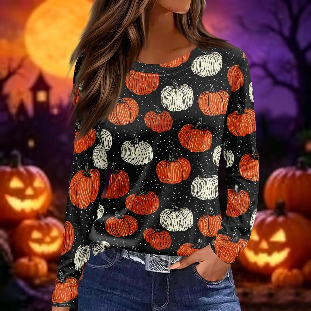 Women's Fashion Long Sleeve Top Halloween Print Round Neck Split Hem Casual Blouse Lightweight Comfortable Fit Seasonal Shirt