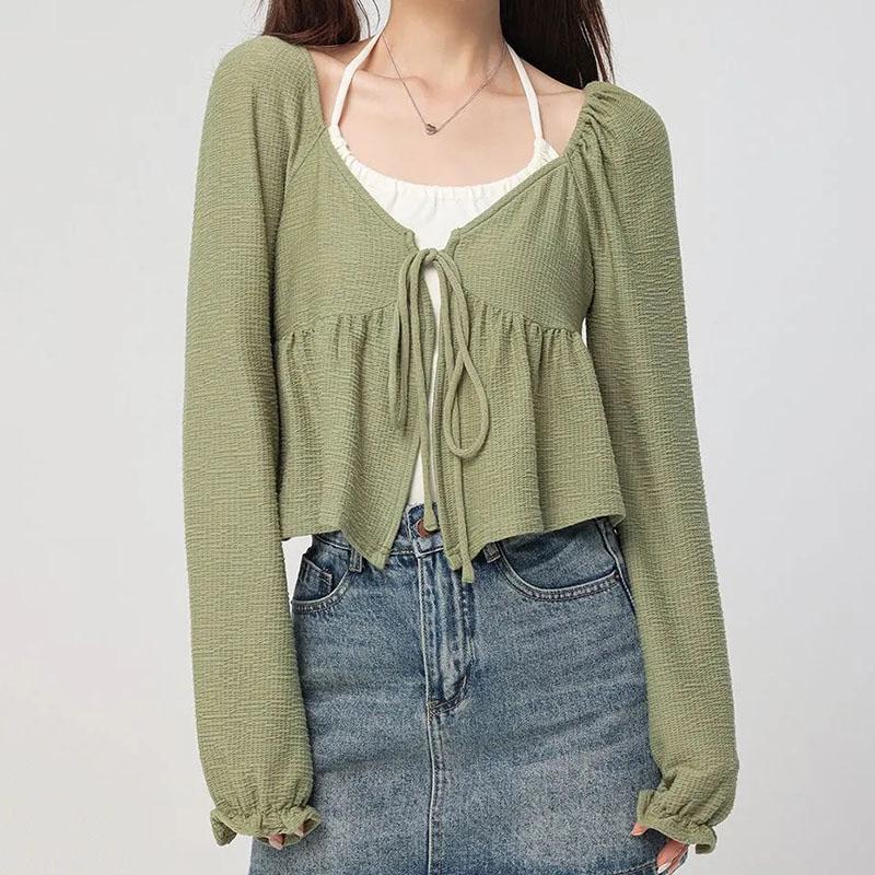 Pure Desire Short Hanging Neck Tank Top Long Sleeve Lace-up Cardigan 2Pcs Set Women Green T-shirt Slim Small Size Korean Fashion
