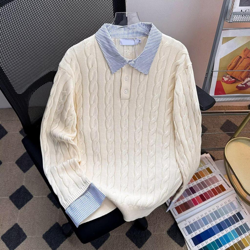 American Style Striped Cable Knit Polo Sweater - Men's Trendy Two-Piece Patchwork with Cleanfit Design