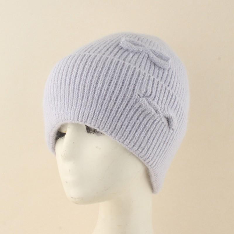 Womens Angora Wool Knit Beanie Hat With Bow Detail Winter Warm Cap High Crown Foldable