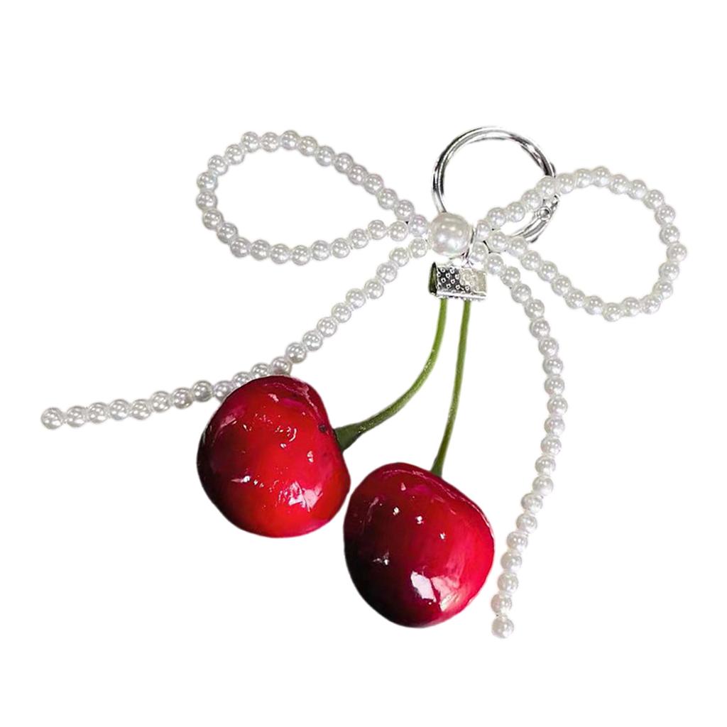 Cherry Pendant Keychain With Bowknot Fashionable Cherry Keychain with Pearlescent Bowknot Accents for Trendsetters