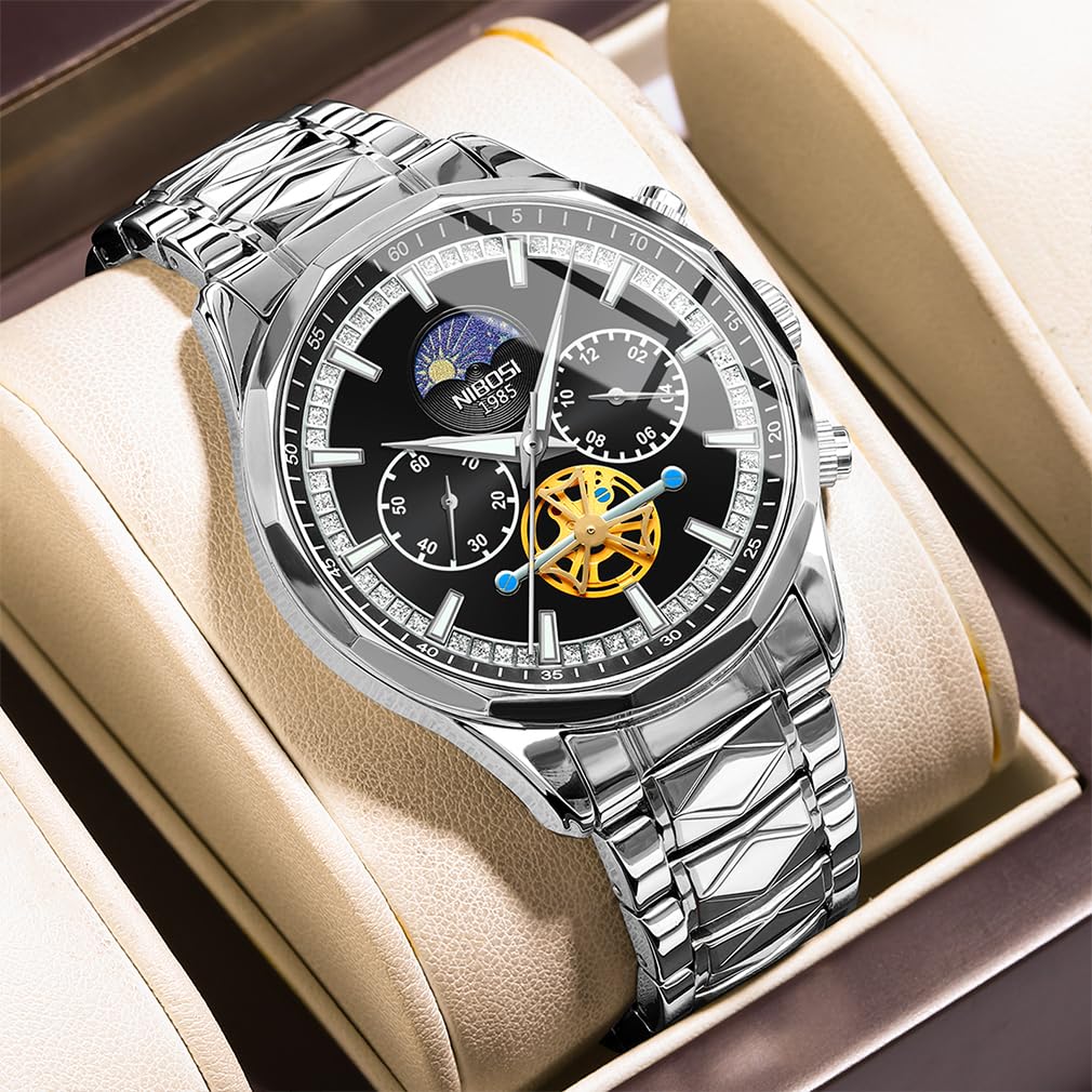 NIBOSI Business Big Metal Stainless Watch for Men Men's Watch, Watch, Chronograph, Face, Brand, Stylish, Casual, Band, Steel, Analog, Skeleton,