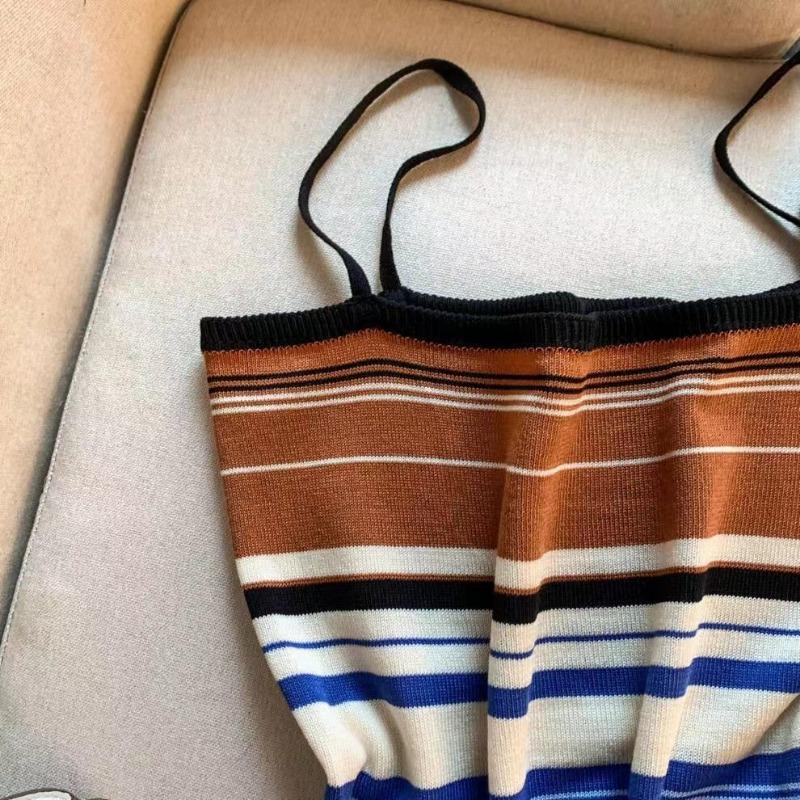 Elastisk regnbueprint ribbestrikket colorblock tanktopp strikket avslappet ermeløs rundhalset topp dameklær crop top