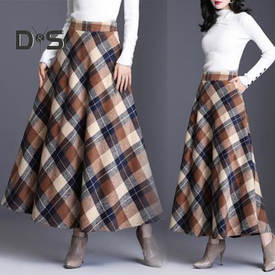 Women Woolen Skirt High Waist Plaid Print A-Line Skirt Autumn Winter Thickened Large Hem Skirt Daily Wear