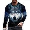 Trendy Essential! 3D Wolf Print Long-sleeve T-shirt, Stylish Casual Wear.