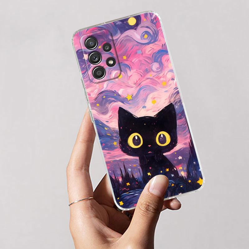 Retro Oil Painting Starry Sky Cat Clear Phone Case For Samsung Galaxy A56 A57 A37 A55 A54 A36 A35 A26 A25 A16 A17 A07 A52 Cover