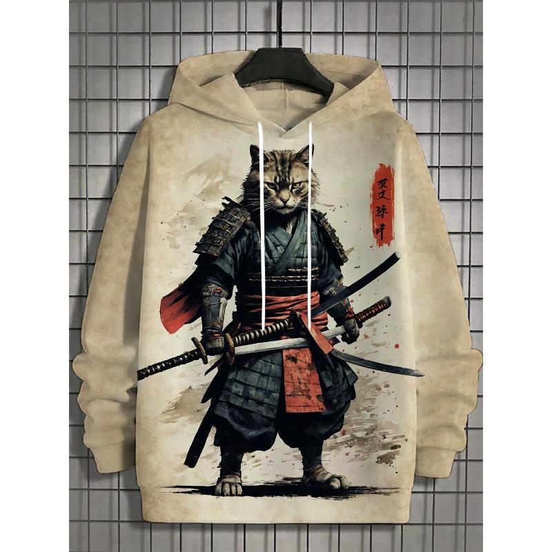 Japanese Samurai Cat Hoodie For Men Autumn And Winter Fashion Hoodie Casual Men's Long Sleeved T-Shirt Oversized Streetwear 5xl