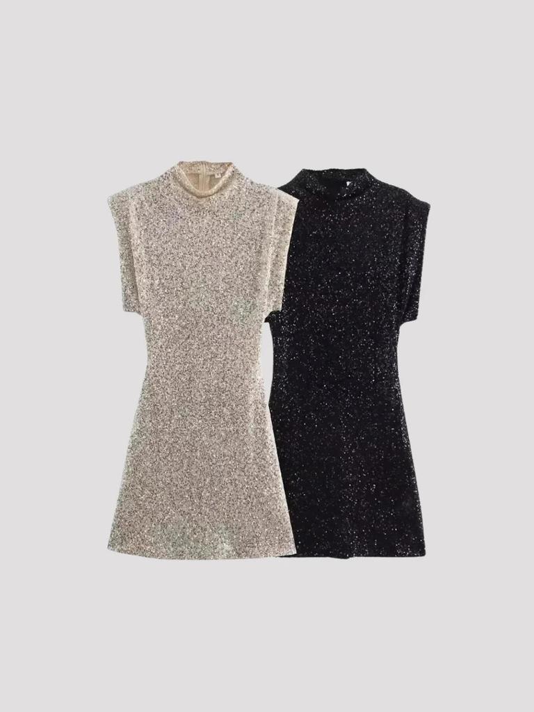 2026 Elegant European & American Sequin Sleeveless Shoulder Pad Slim-fit Hip-Hugging Dress