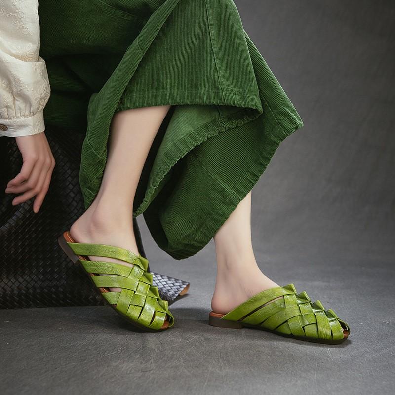 Johnature Genuine Leather Woven Breathable Peep Toe Flat Slippers Casual And Versatile Women's Slip-on Shoes