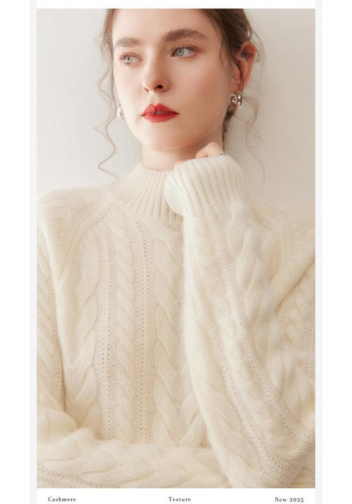 Women's Autumn Winter Cashmere Cable Knit Half Turtleneck Sweater - Solid Color, Slimming, Long Sleeve, Soft