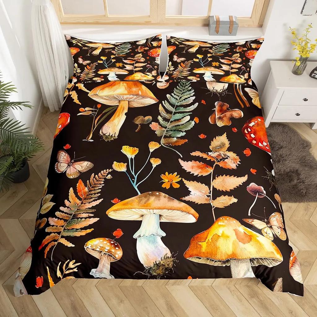 Comforter Cute Mushroom Bedding Set King Queen Size Botanical Comforter Wild Fungus Colorful Plants Leaves