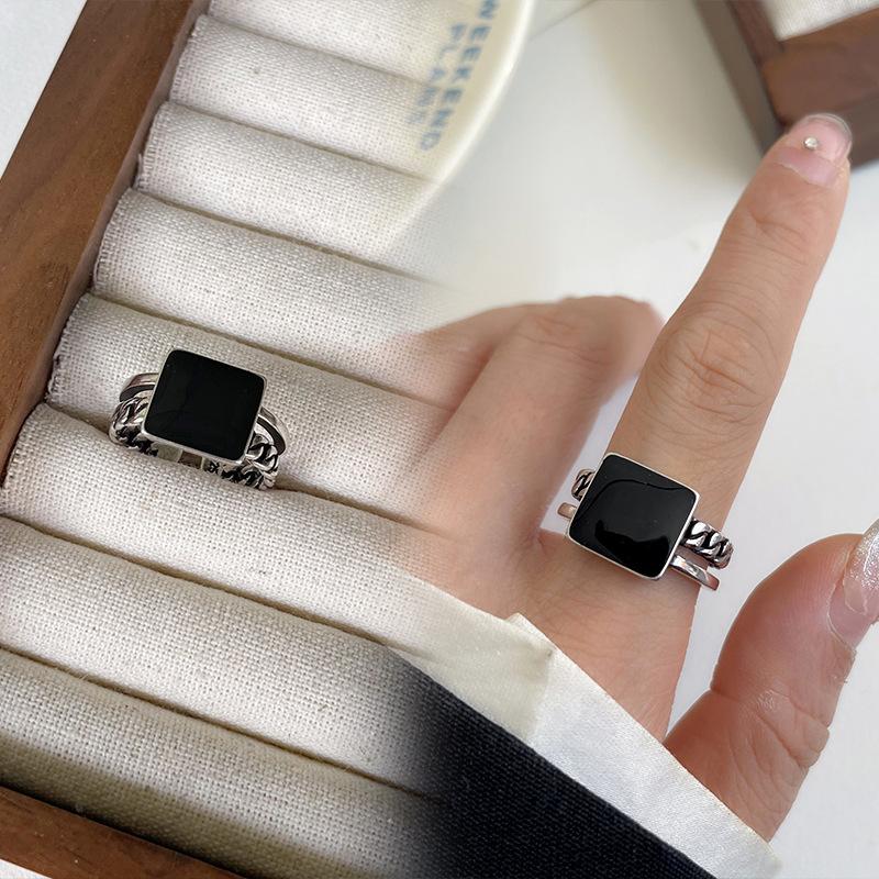 Black Drip Glaze Retro Thai Silver Jewelry Women's Non-fading High-end Open Ring