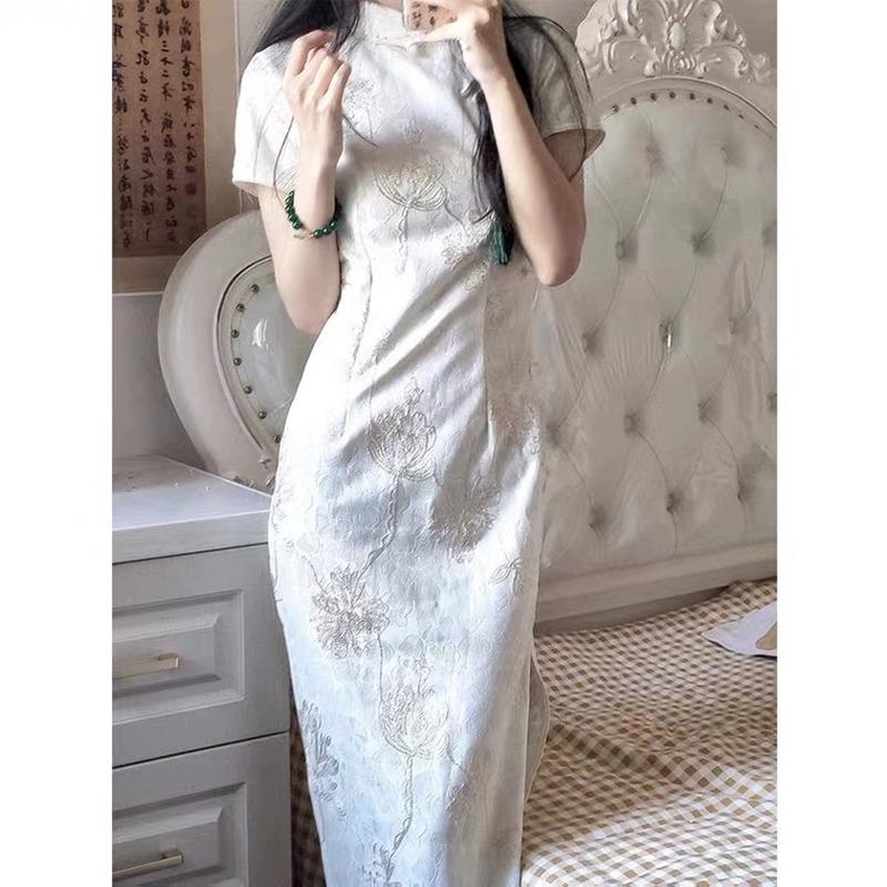 Small and short improved cheongsam women's waist and hip slim fit medium and long new Chinese dress shows high summer