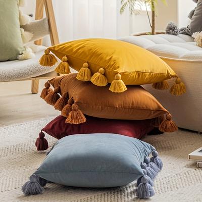1pc, Cute Boho Style Decorative Throw Pillow Covers With Handmade10 Tassels, 17.7 Inch Soft Velvet For Sofa Car Home Decor