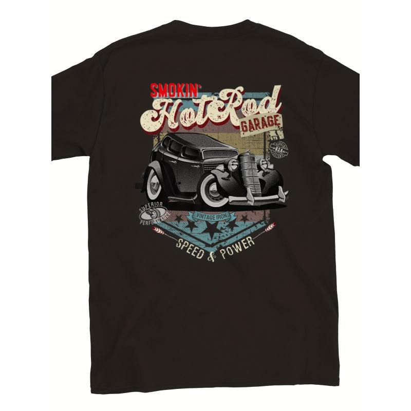 Men' Vintage 1934 Hot Rod Car Back Print T-Shirt - Retro Automotive Garage Design with Smokin' Rod - Machine Washable Casual Crewneck Tee for Car
