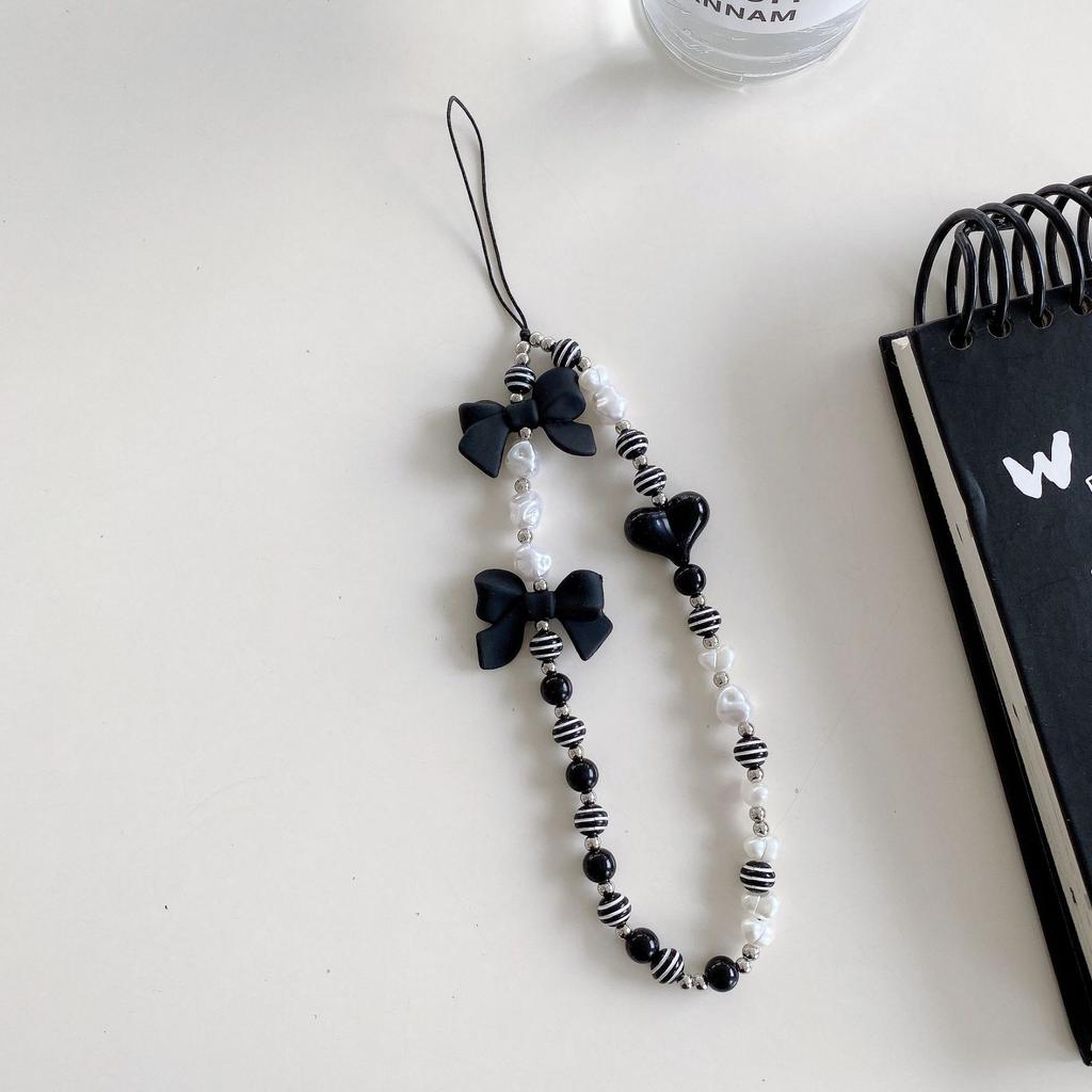Mobile Phone Chain White Pearl Bow Ins Simple Wind Square Pendant Love Striped Bead Accessories, Mobile Phone Lanyard