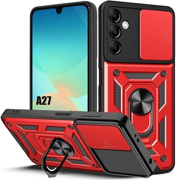 Coque pour Samsung Galaxy A27 5G, Résistant avec Anneau Rotatif et Cache Caméra Coulissant - Rouge