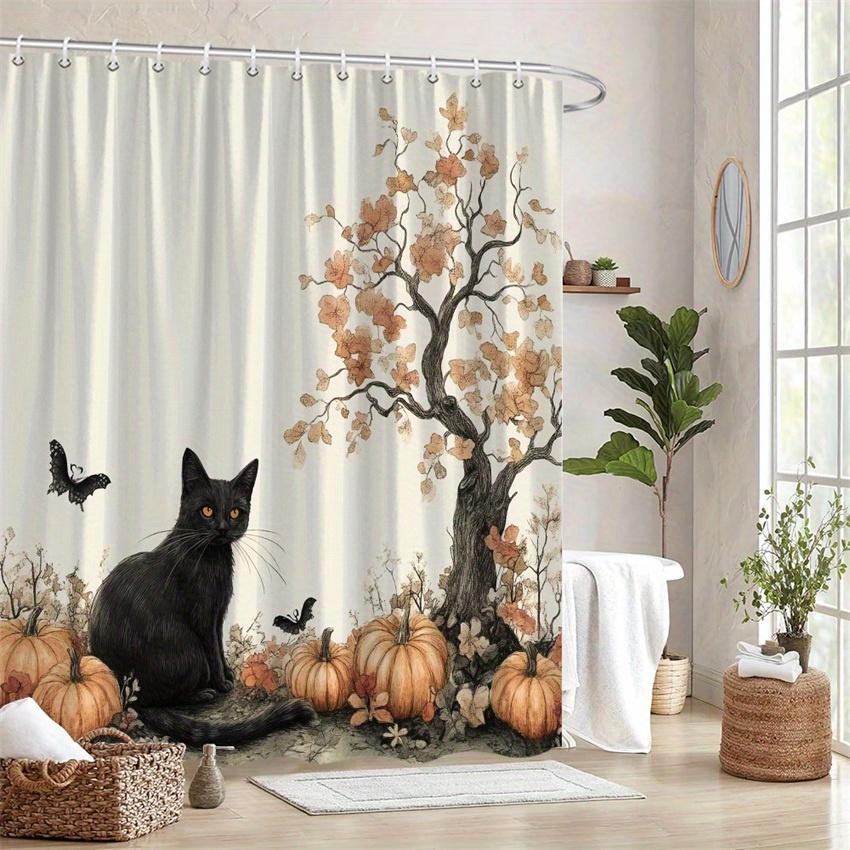 1Pc Whimsical Black Cat Pumpkin Shower Curtain - Polyester Fabric, Machine Washable, Suitable For Bathroom Decor
