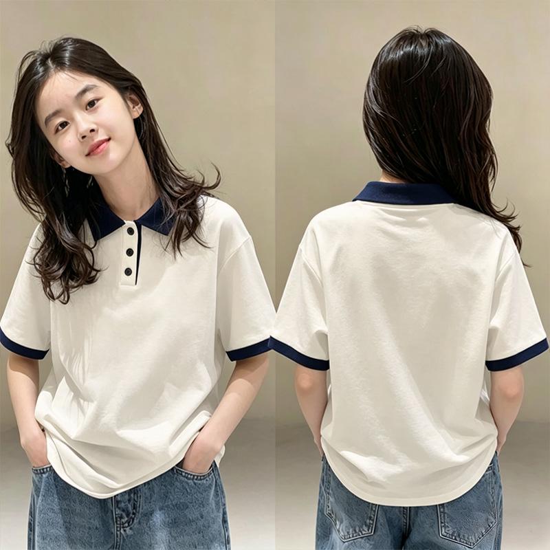Girls' Stylish Patchwork Cotton Polo Shirt - Summer School Style Short Sleeve Top
