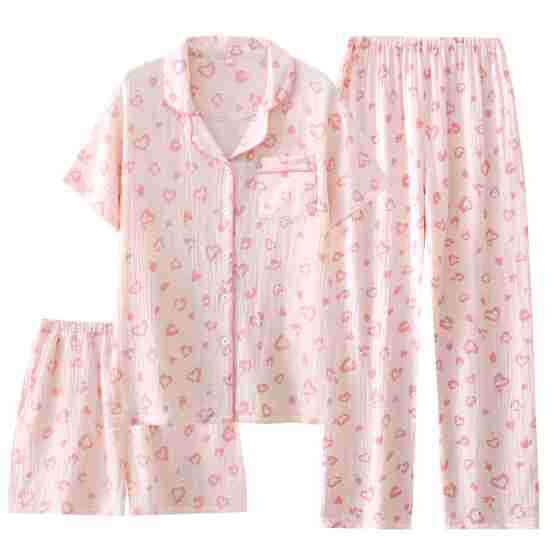 Women's summer cotton yarn three-piece pajamas short-sleeved trousers summer thin cotton crepe homewear set autumn
