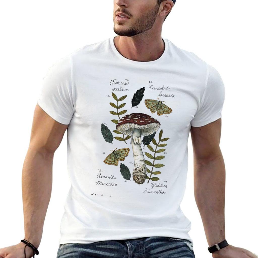 Amanita Muscaria With Moths And Leaves Botanical Illustration Tshirt Ultra Soft Breathable Tee Top