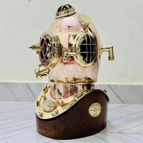 45.72 Cm Copper Brass Diving Helmet Mark V Deep Sea Scuba Divers Helmet With Wooden Base