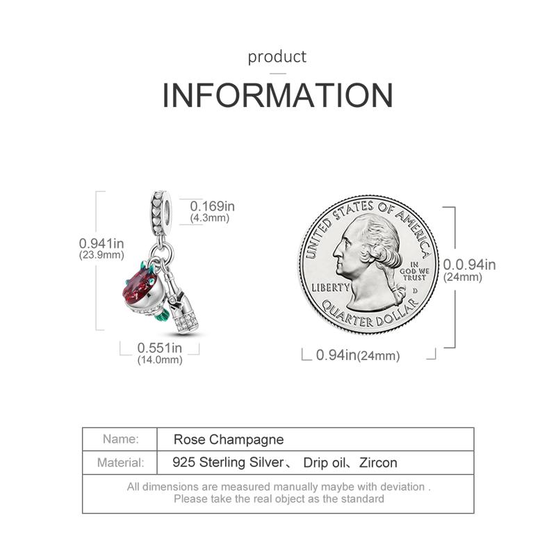 Red Rose Bouquet & Champagne Pendant Charms Fit Charm Bracelet Diy Festival Gift For Women Silver Color