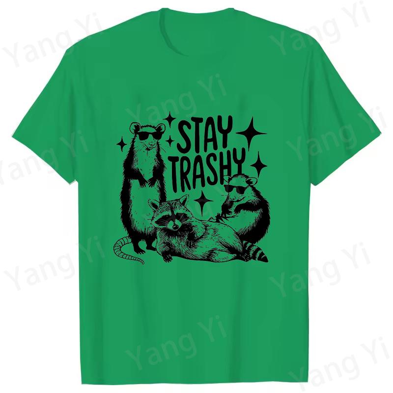 Trashy Letter Printing T-shirt Men Women Fashion Short Sleeve Street Personality Raccoon Opossum Pattern Tees