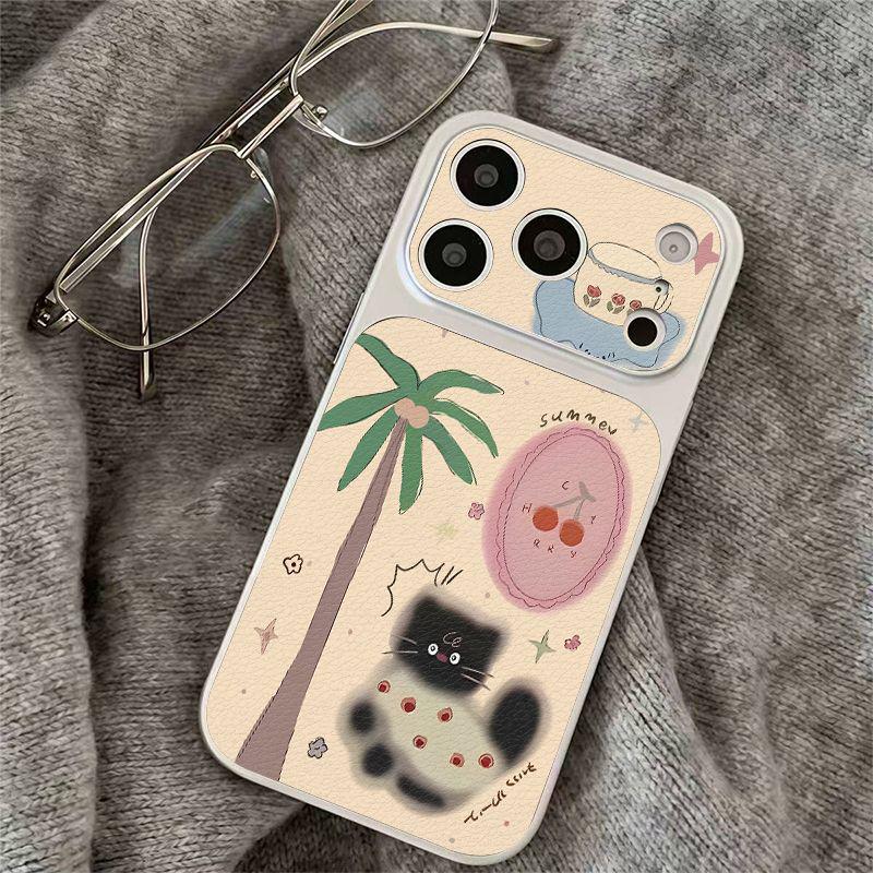 

Black Cat & Coconut Tree Phone Case for Apple 17ProMAX Lambskin 14/15/16 iPhone 15
