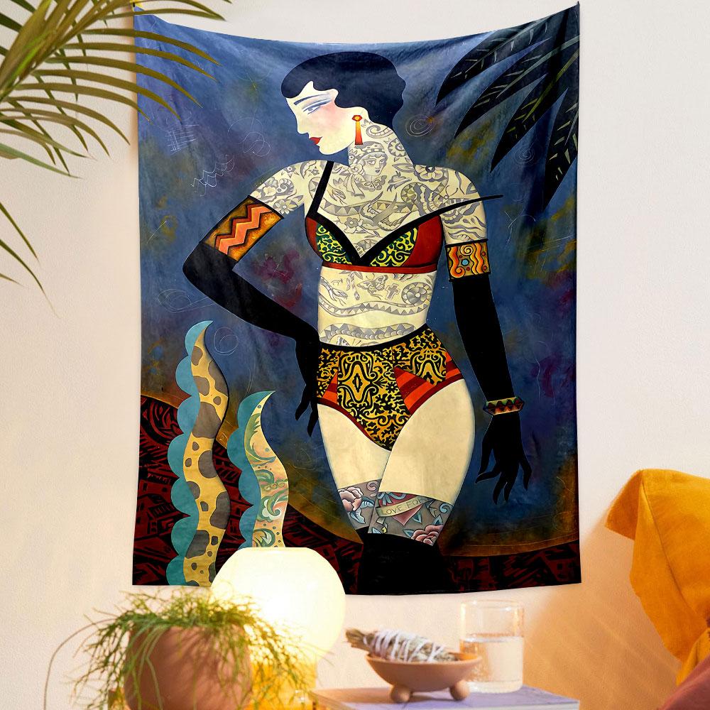 Tattooed woman in bold patterned swimwear with decorative surroundings. Patterned tapestry for bedroom and living room home decor