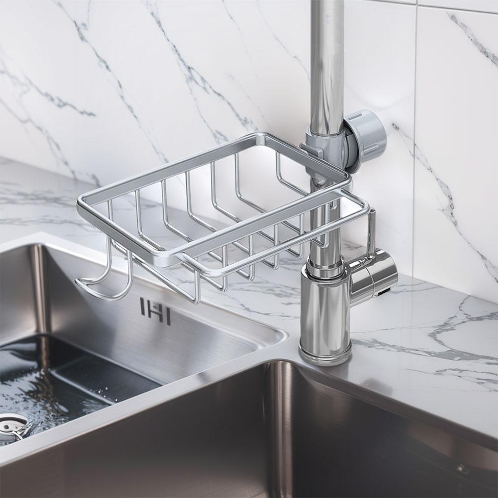 Over Faucet Sink Caddy Organizer Aluminum Dish Sponge Holder Detachable Multifunction Organizer Rack Work with Round Water Pipe