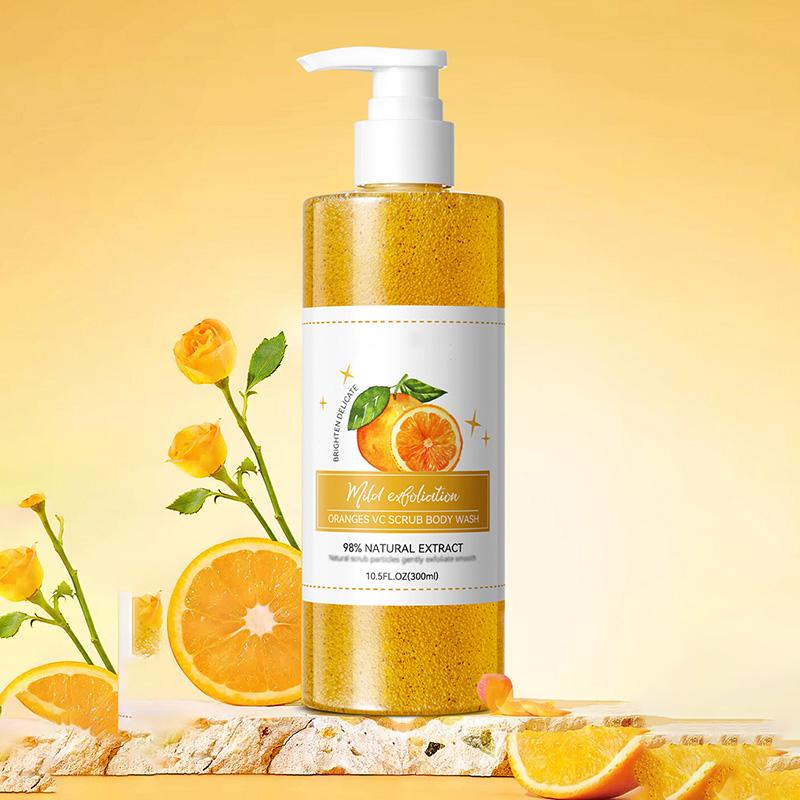 Exfoliating Scrub Body Wash Gel 300ml, Deep Cleansing & Moisturizing Shower Gel with Orange/Peach Scent, Gentle Smoothing Body Polish for Soft Skin Orange