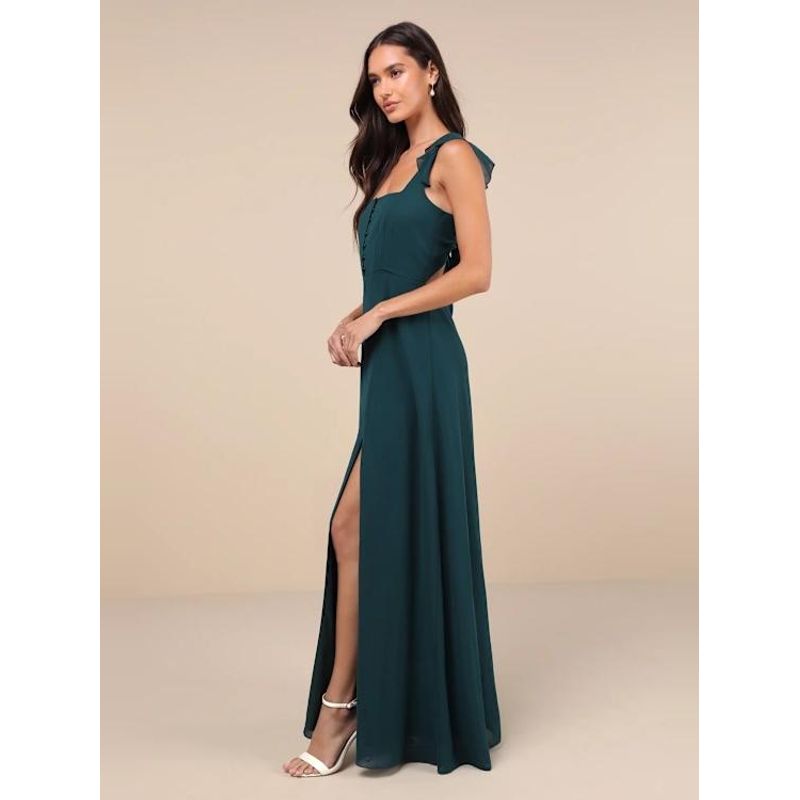 Export Single Lu Home Hepburn Square Collar Design off-Shoulder Ruffles Vacation Elegant Chiffon Fairy Temperamental Dress