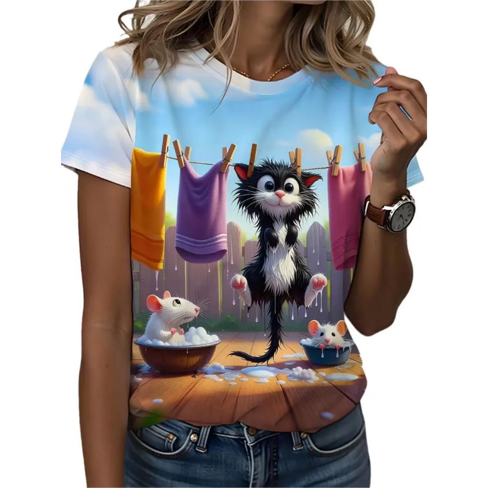 Cute Cat Pattern T-Shirt Women Fun Animal 3D Printed Short Sleeves Summer Loose O-Neck Breathable T-Shirts S
