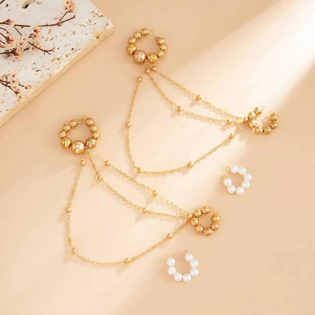 Salircon 2026 New Exquisite Imitation Pearl Metal Long Tassel C-Shaped Piercing Earring Women Holes Earbone Clip Earring Jewelry