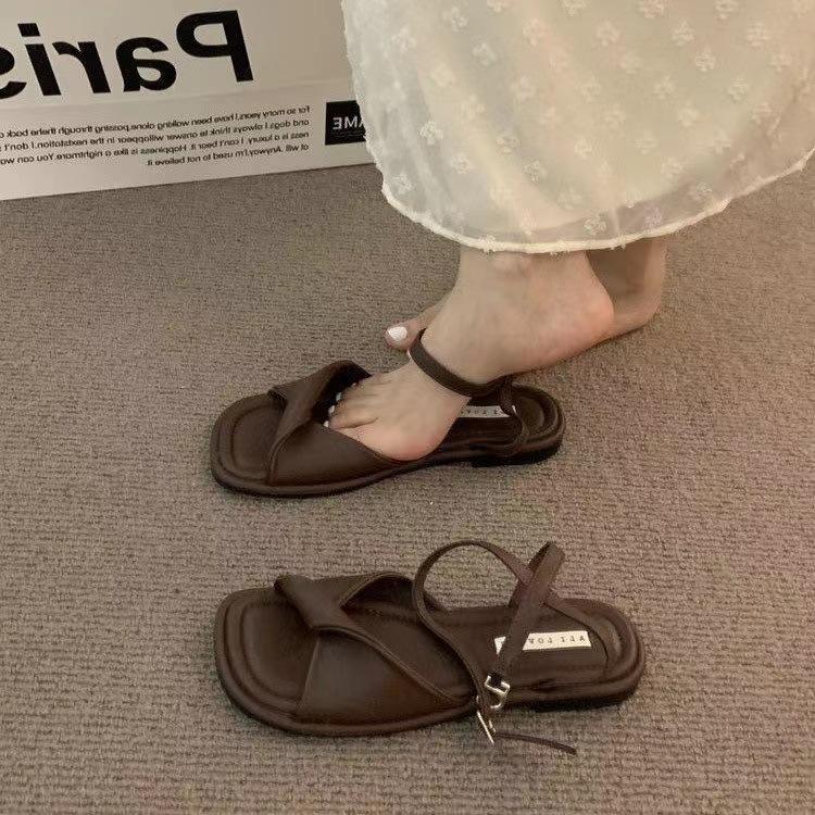 

French high-heeled niche design fairy shoes 2025 new summer medium-heeled black thick-heeled Roman sandals 40 коричневый