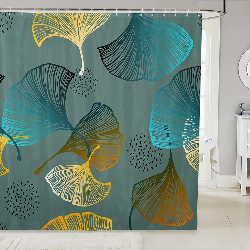 Green Ginkgo Biloba Shower Curtain Gold Ginkgo Leaves Modern Bathroom Shower Curtains Set Waterproof Botanical Bath Curtain Sets