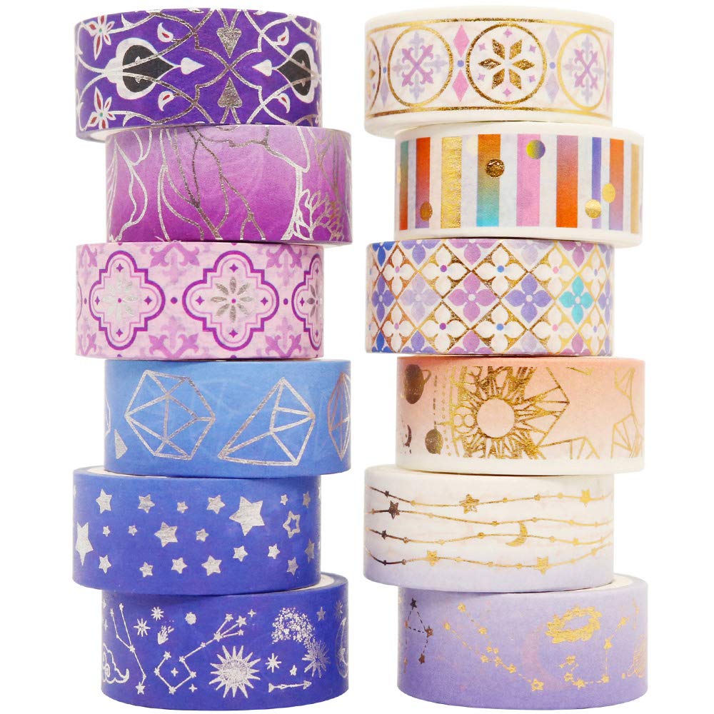 Yubbaex Natural Law Masking Gold Foil Cute 15mm Wide x 12 Rolls Night x 12 Tape, Stamped, Design, (Starry Rolls)
