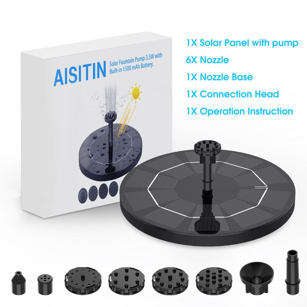 3.5W Solar Fountain Pump, Solar Water Pump Floating Fountain Built-in 1500mAh Battery, with 6 Nozzles, for Bird Bath
