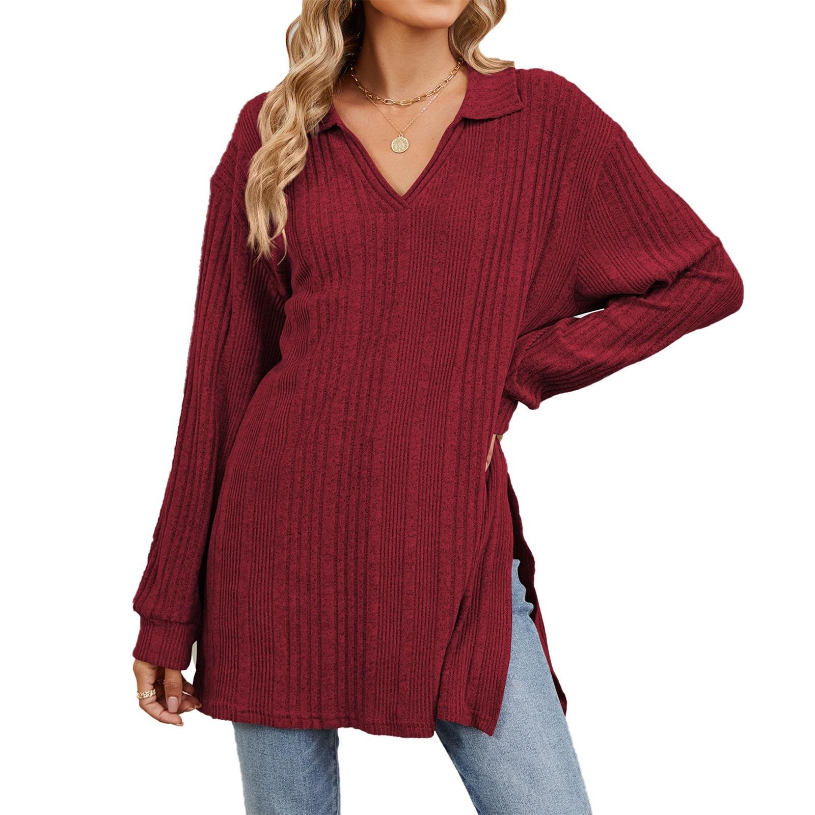 

Женская модная однотонная свободная футболка с длинными рукавами и лацканами XL винный