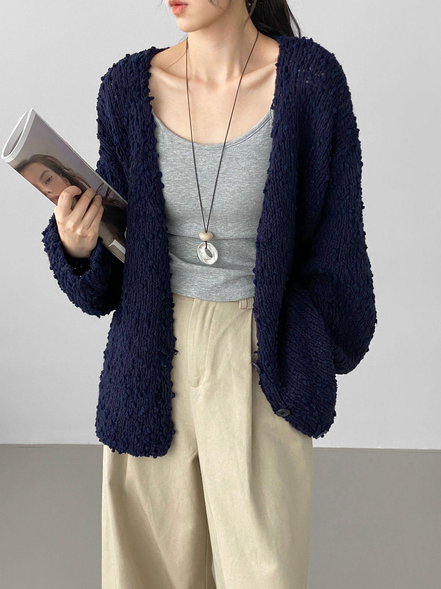

Мягкий и уютный осенний шерстяной кардиган для женщин - Свободный крой, трикотаж в ленивом стиле One Size темно-синий