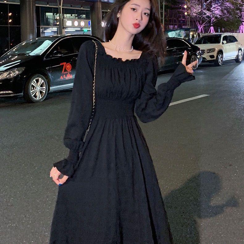 Square Neck White Long Dress Flare Sleeve Waist Wrapped Black Slim A Line Women Versatile Gentle Style Dresses
