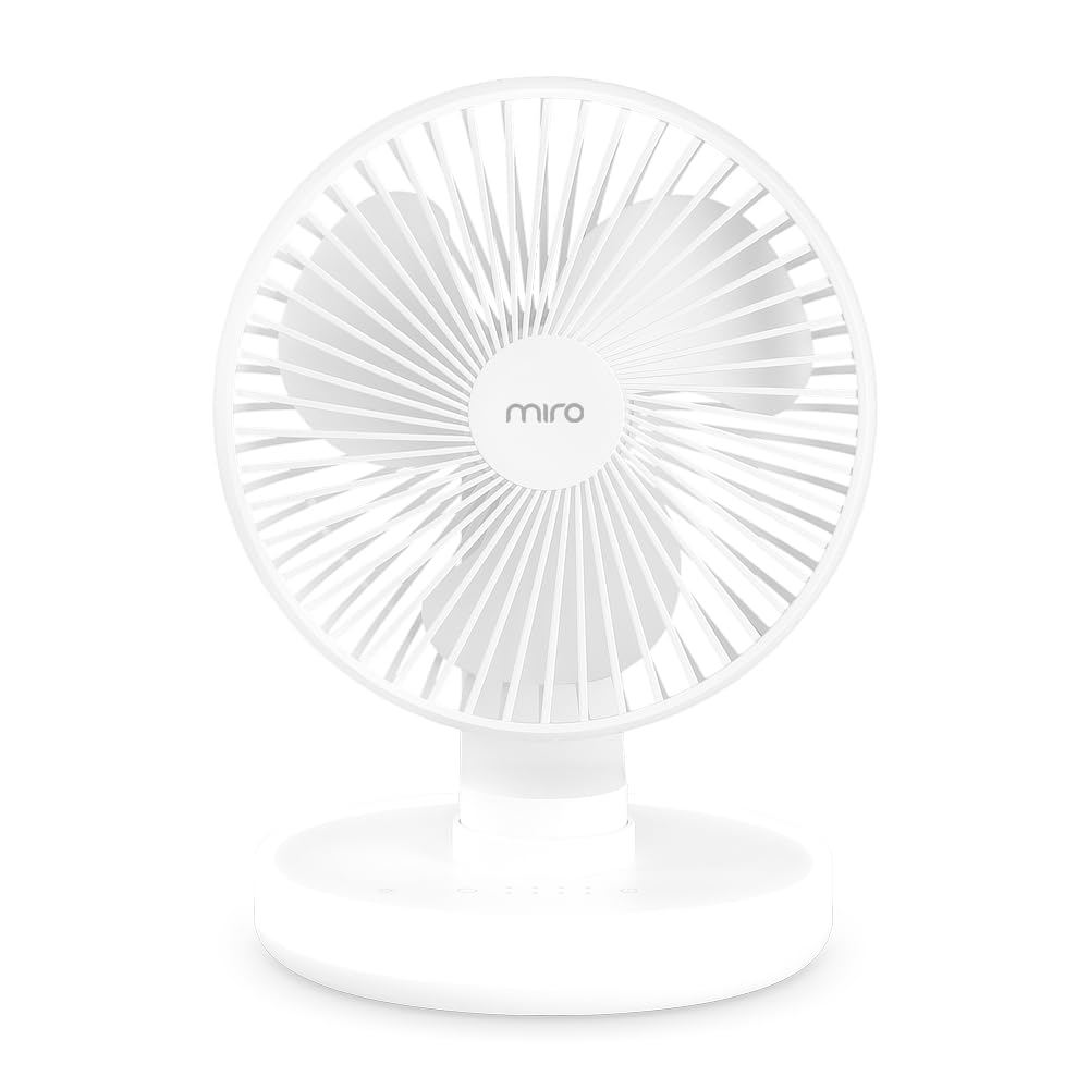 

miro AF03 Desk Fan with Automatic Swing USB Up to 16 Hours of Continuous Cordless BLDC 90 Degree Up and Down Angle LED 4 Airflow White Function, белый