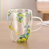 350ml Double Wall Glass Cup with Handle Dried Flower Decorated Coffee Milk Mug Heat Resistant Kitchen Supplies for Friend Gifts
