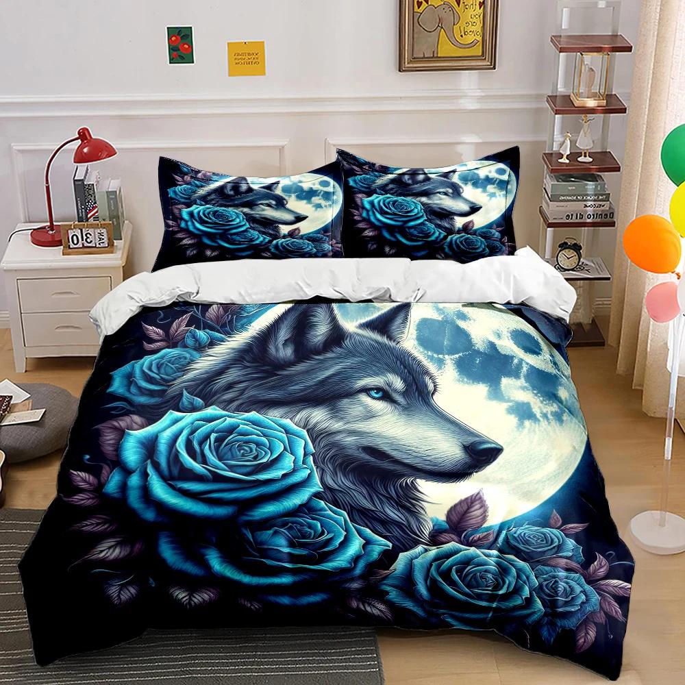 New Arrival! Wolf and Rose Print Bedding Set for Wolf Totem Lovers 1 Quilt Cover 2 Pillowcases Adult and Kids Bedding Set Gifts