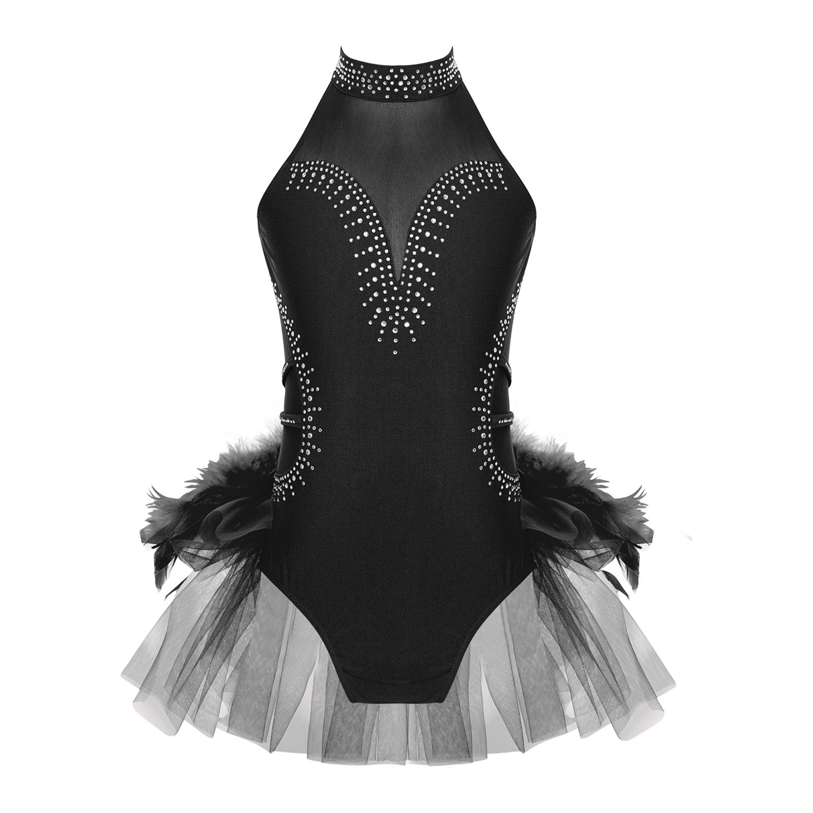 

Girls Dance Costume Rhinestone Sheer Mesh Patchwork Mock Neck Sleeveless Leotard Feather Tulle Skirted Bodysuit 15-16 Years