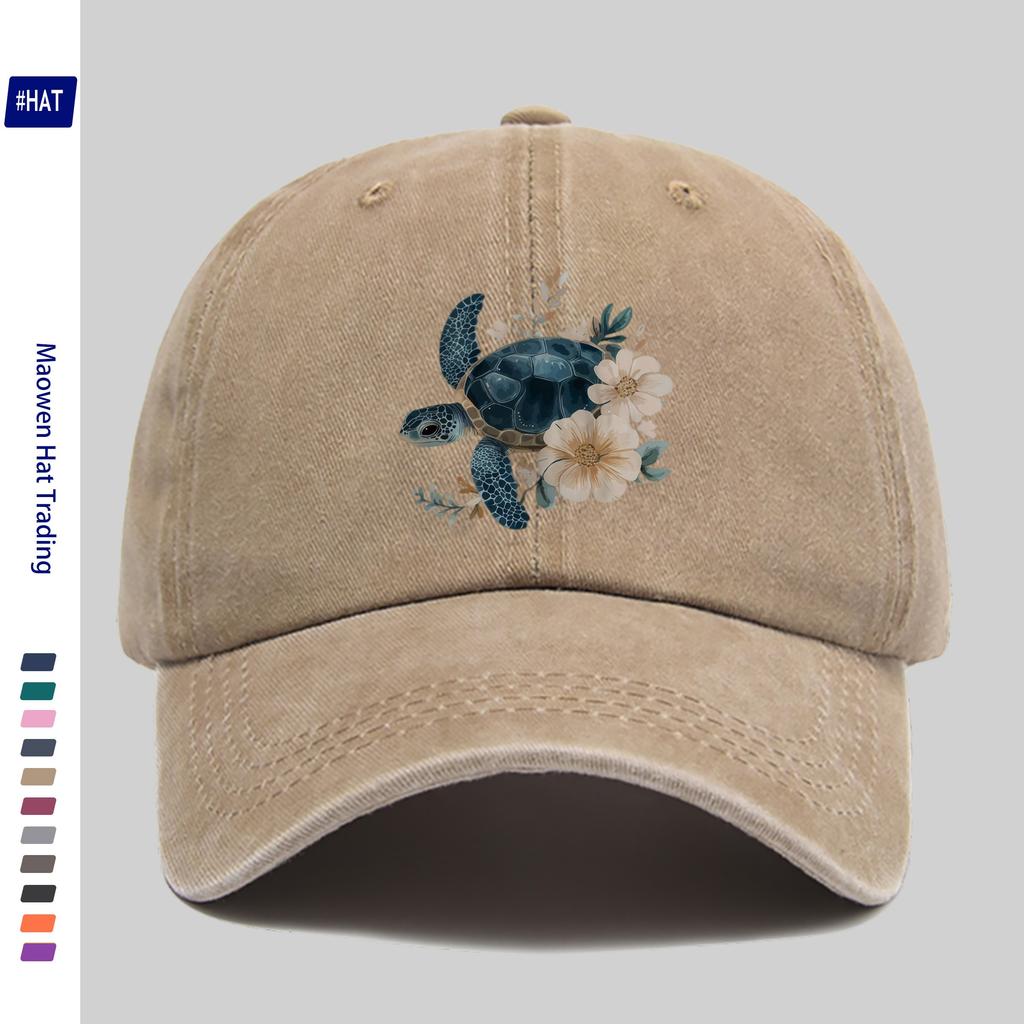 Turtle Floral Baseball Cap Washed Denim Distressed Adjustable Vintage Outdoor Sun Hat