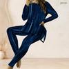 Women Plus Size Dark Blue Printed Two Piece Set Round Neck Long Sleeve Longline Top Fitted Pants