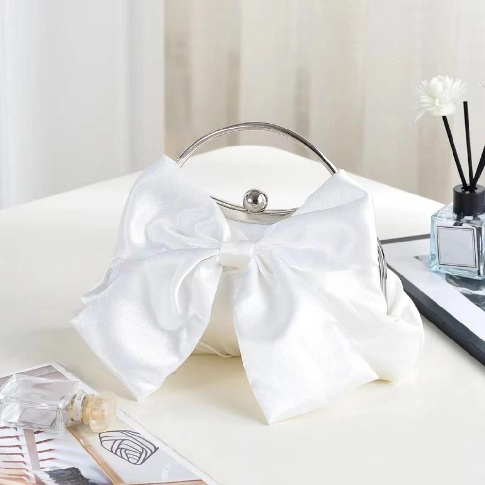 Metal Handle Bridal Clutch Bag Satin Bow Wedding Purse Luxury Bow Evening Handbag  Women