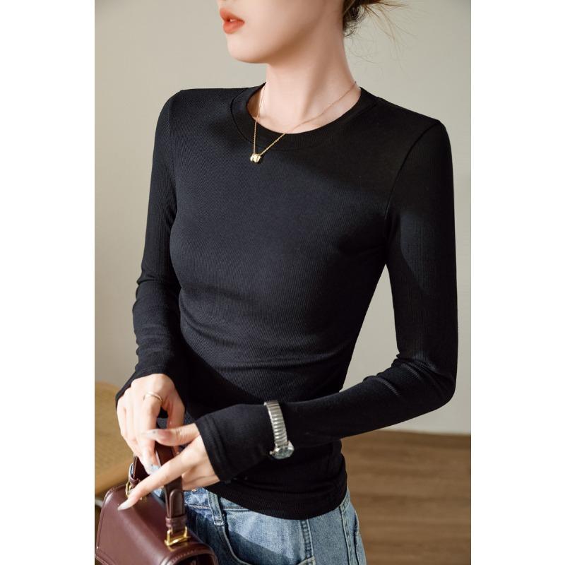 Women High Elastic Ribbed Crew Neck Long Sleeve Slim Fit Base T Shirt Top